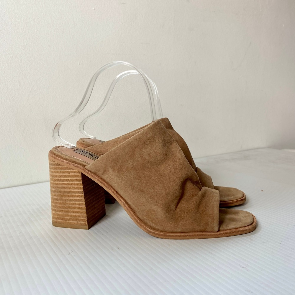 Steve Madden Cru Block Heel Slide Sandal Camel Tan Suede Leather Womens 8.5M